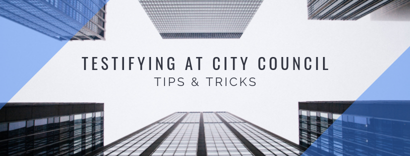 "Testifying at City Council: Tips and Tricks" surrounded by skyscraper buildings.